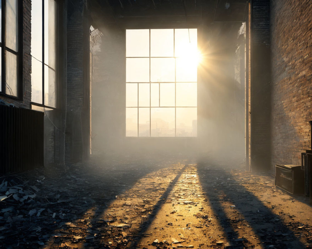 Abandoned industrial building with sunlight and shadows