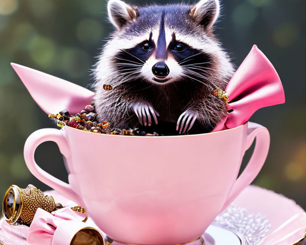 Raccoon in Pink Teacup with Ornaments on Saucer and Bokeh Background