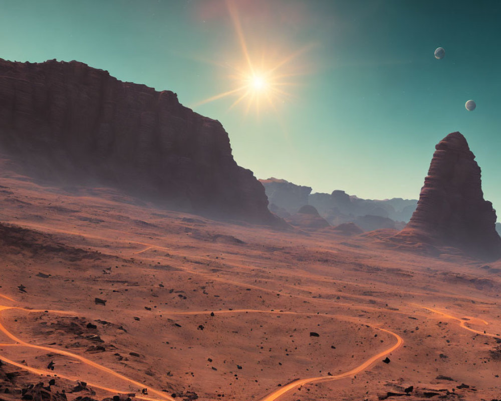 Martian landscape with rocky terrain, winding path, cliffs, sun, and moons