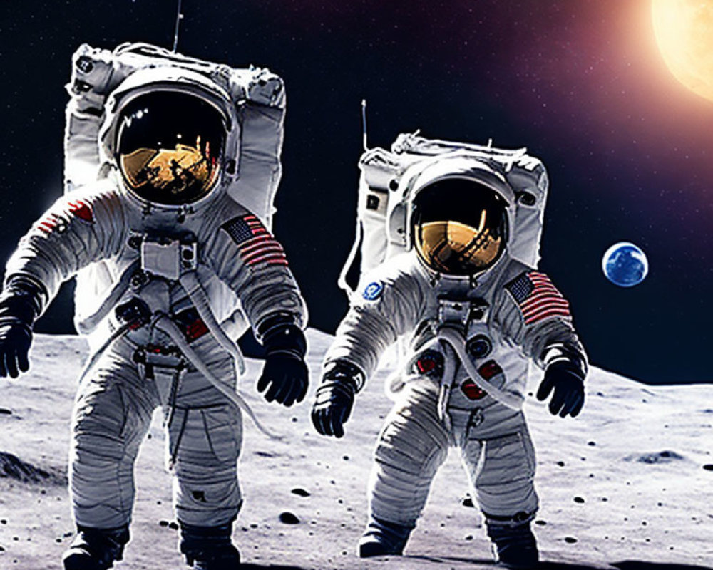 Astronauts in white space suits on lunar surface with Earth and red celestial body