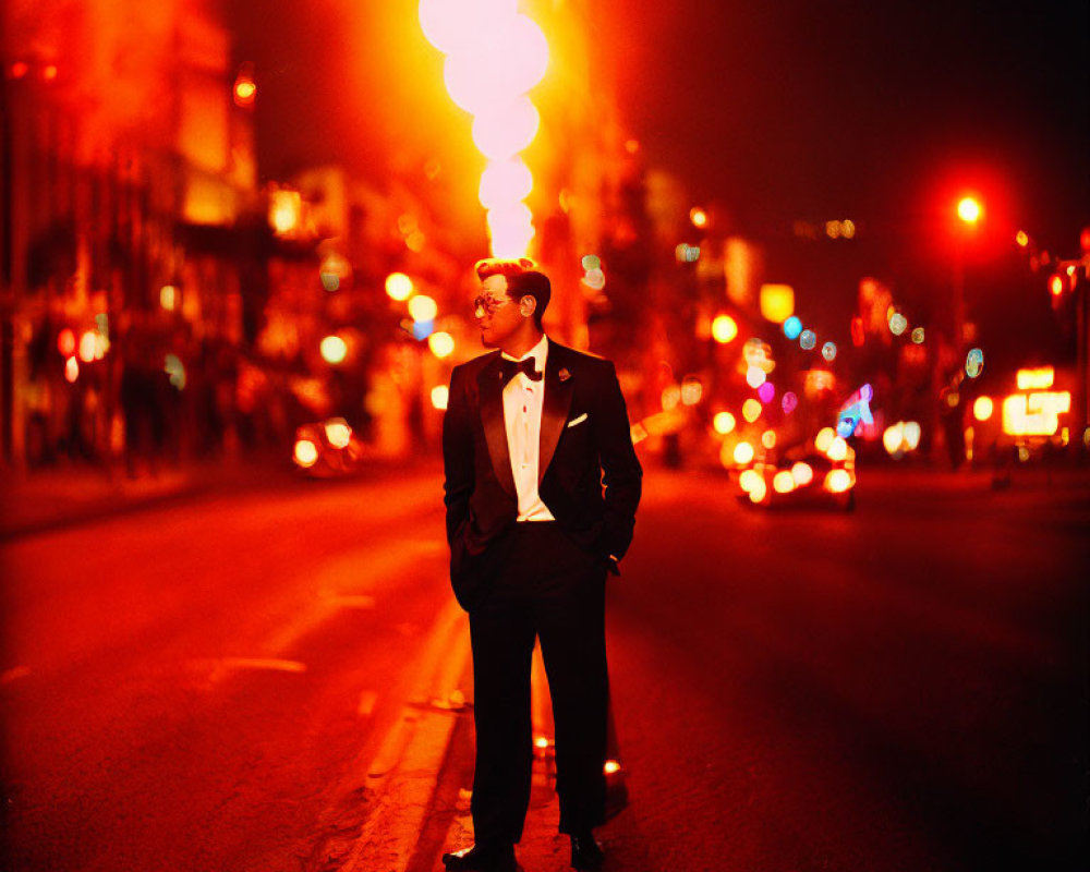 Confident man in tuxedo under city lights at night