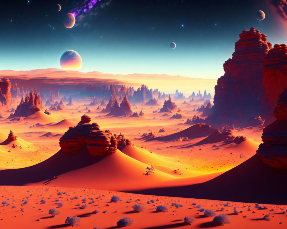 Surreal desert landscape with red sand, rock formations, multiple moons, and galaxy overhead