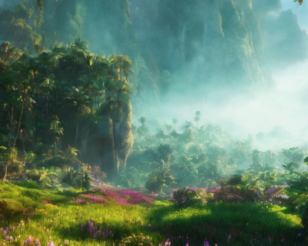 Majestic forest scene: towering cliffs, morning fog, colorful flowers in soft sunlight