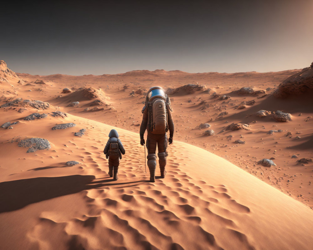 Astronauts walking on Martian desert with rolling dunes and rocky landscape