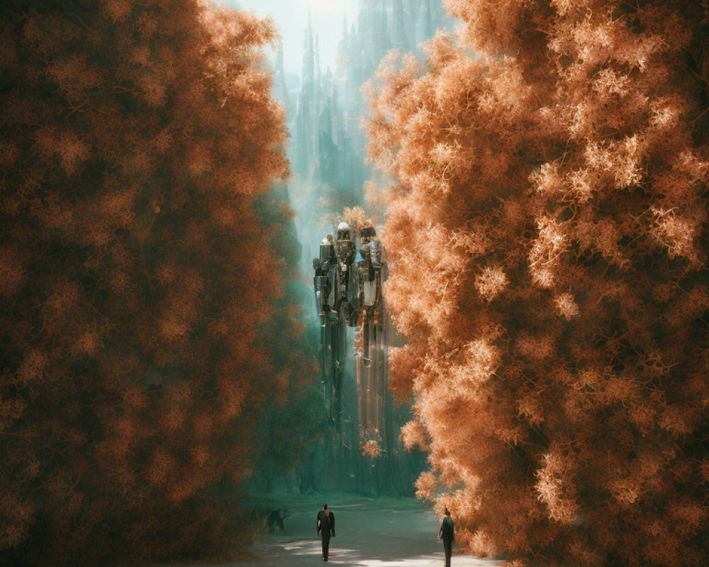 Surreal autumn landscape with two figures and towering structure