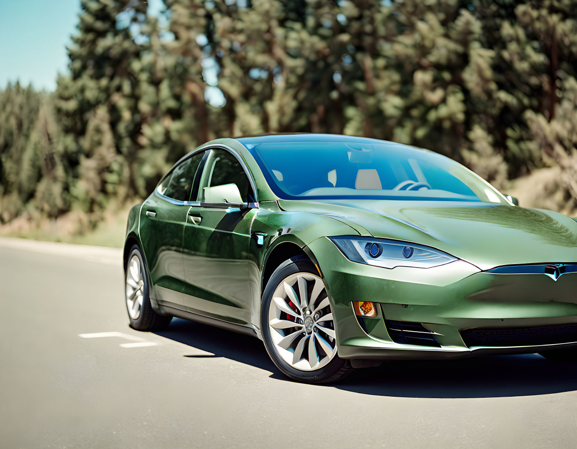 Green Tesla Model S Parked on Road with Trees Background