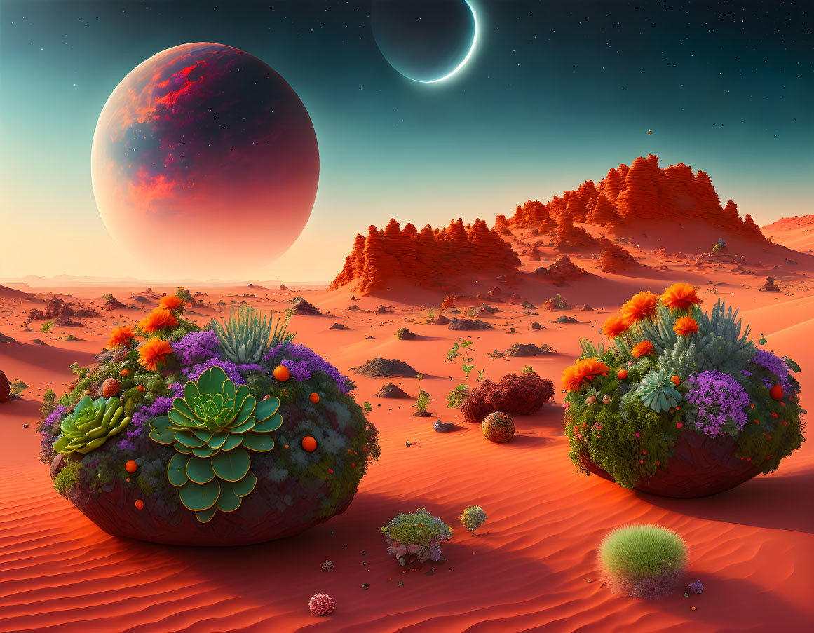 Vibrant desert landscape with plant-covered spheres, red sand, and celestial bodies