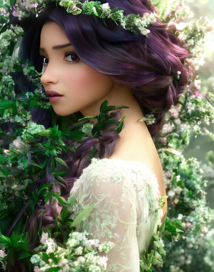 Purple-haired woman in floral wreath surrounded by greenery and white blossoms