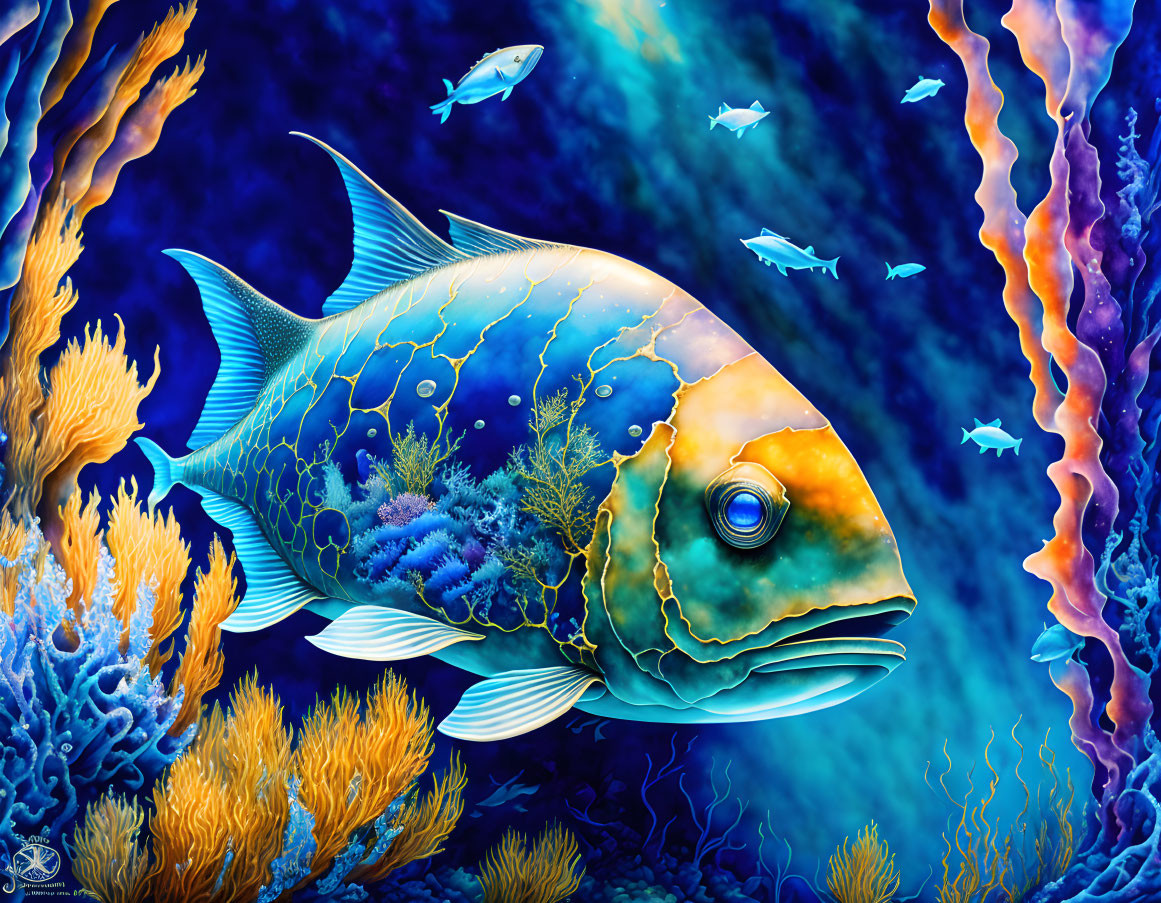 Detailed Underwater Illustration with Vibrant Colors and Large Fish