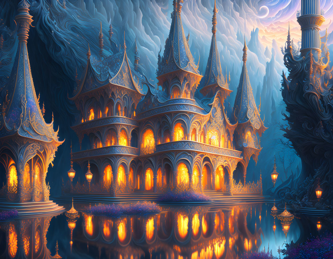 Ornate palace by reflective lake at twilight