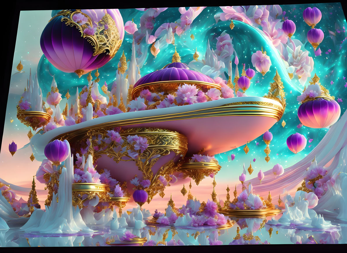 Fantastical floating structures in pink blossom-filled scene