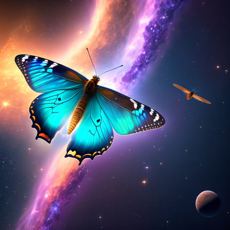 Blue butterfly and dragonfly in cosmic space with nebula, stars, and planets