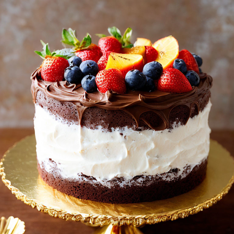 Chocolate Layer Cake with White Frosting and Fruit Toppings on Gold Board