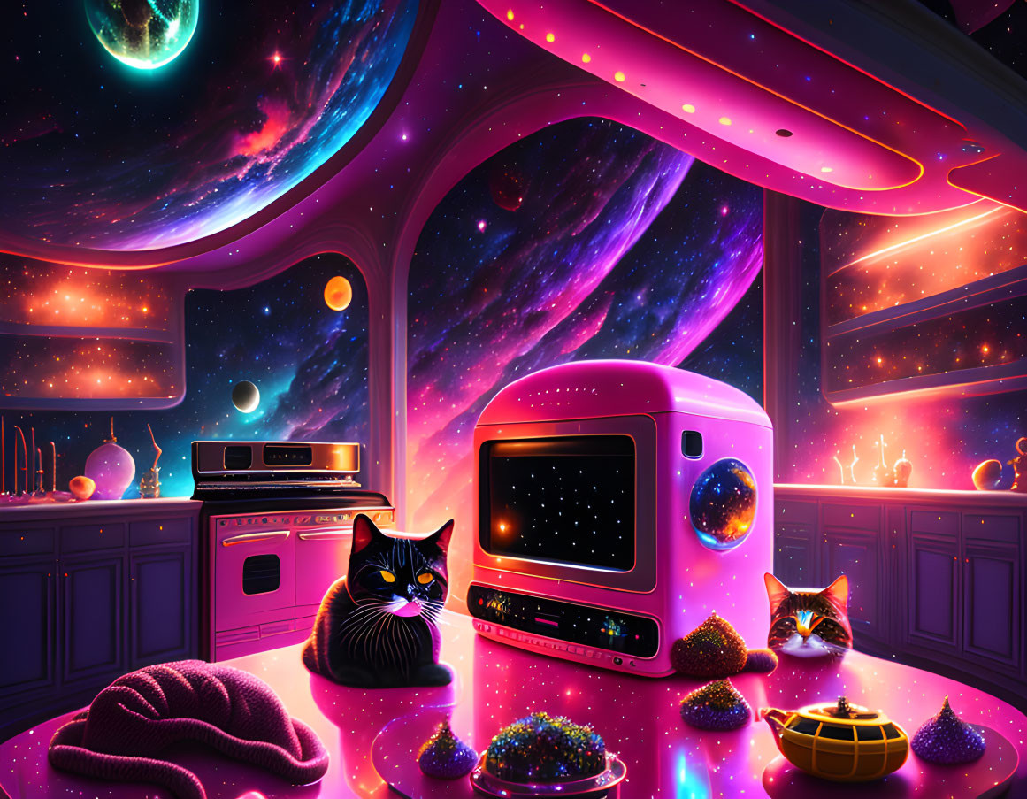 Colorful Cosmic-Themed Kitchen Illustration with Cats and Space Decor