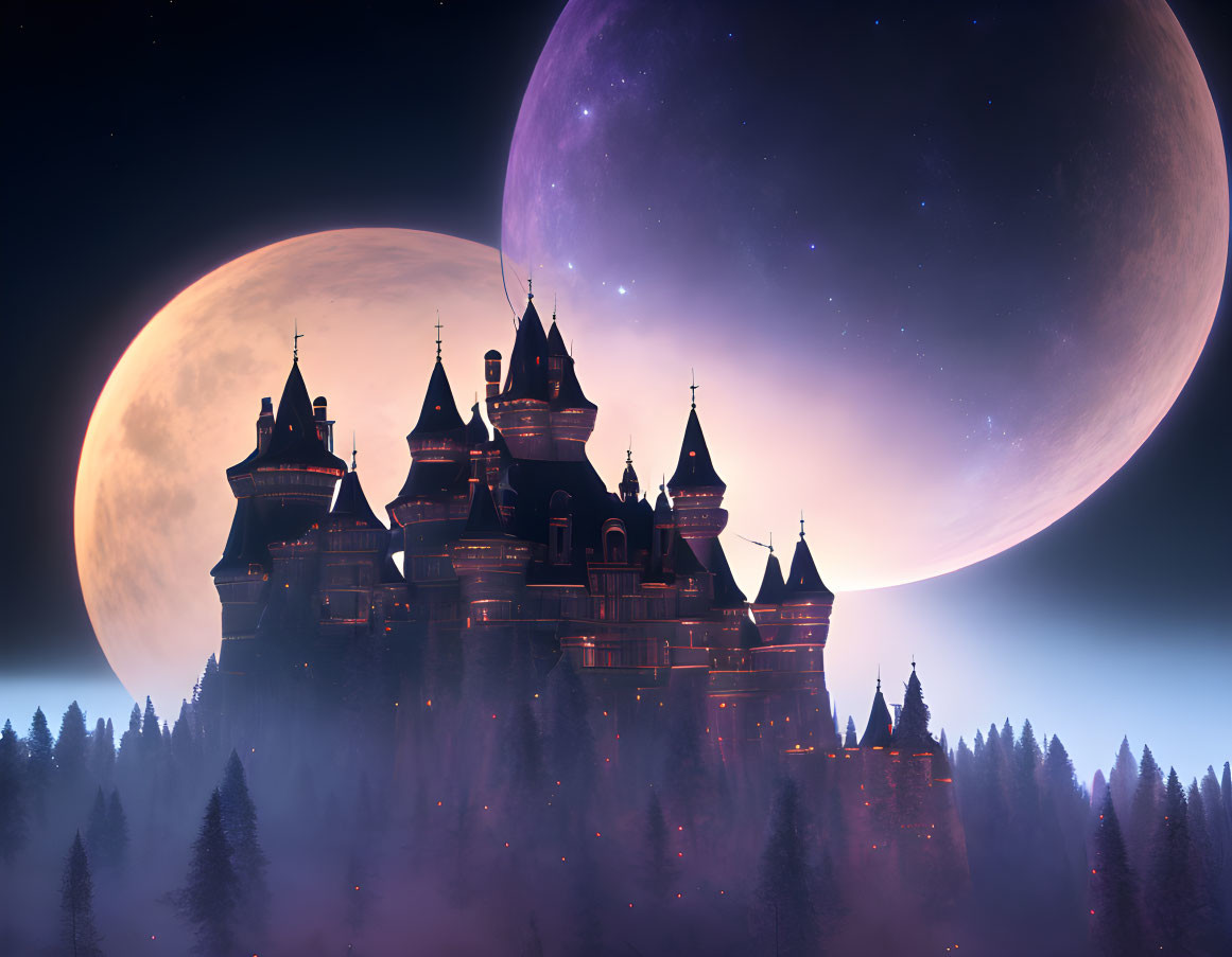 Misty hill fantasy castle under starry sky with two moons