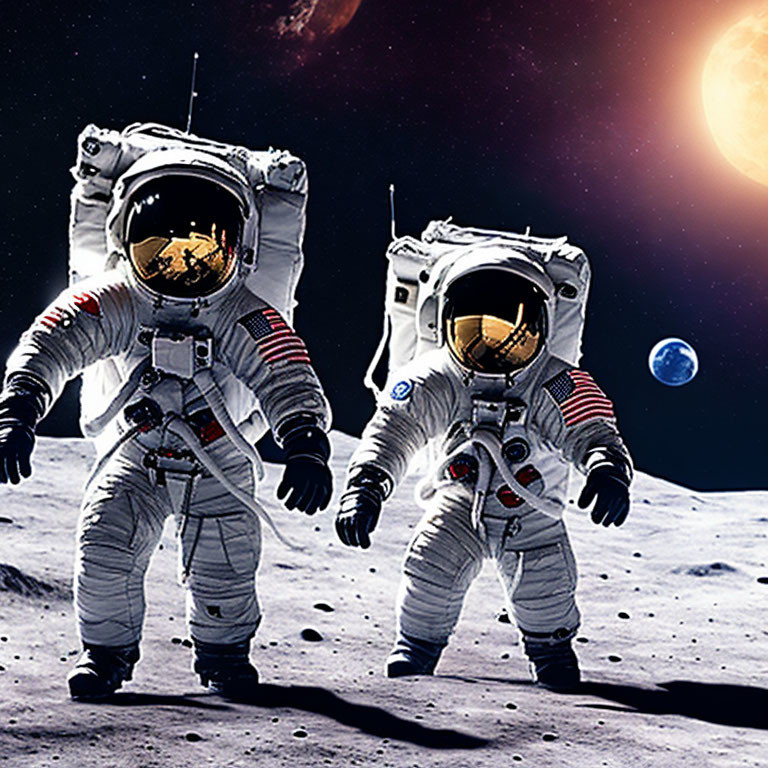 Astronauts in white space suits on lunar surface with Earth and red celestial body