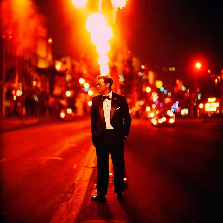 Confident man in tuxedo under city lights at night