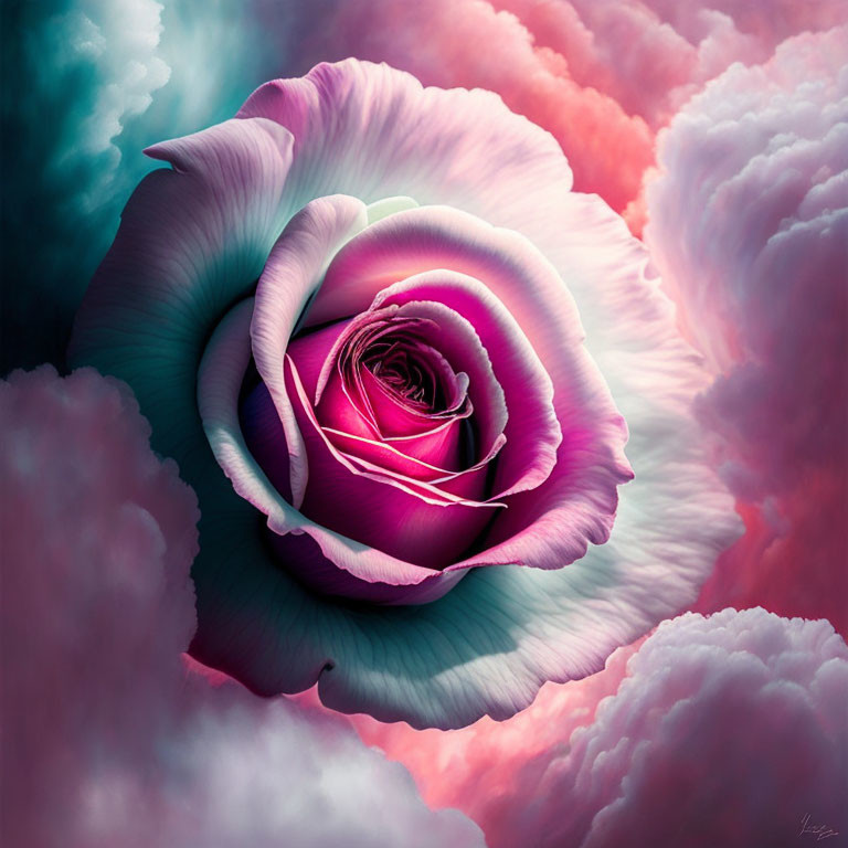 Artistically Enhanced Rose with Pink to White Gradient Surrounded by Cloud-like Textures in Pink and Blue