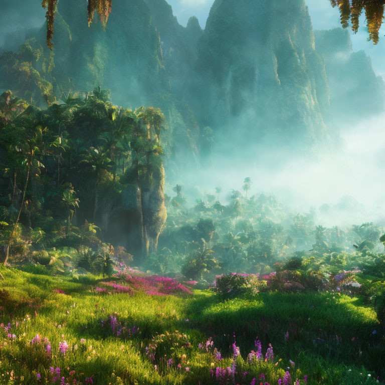 Majestic forest scene: towering cliffs, morning fog, colorful flowers in soft sunlight