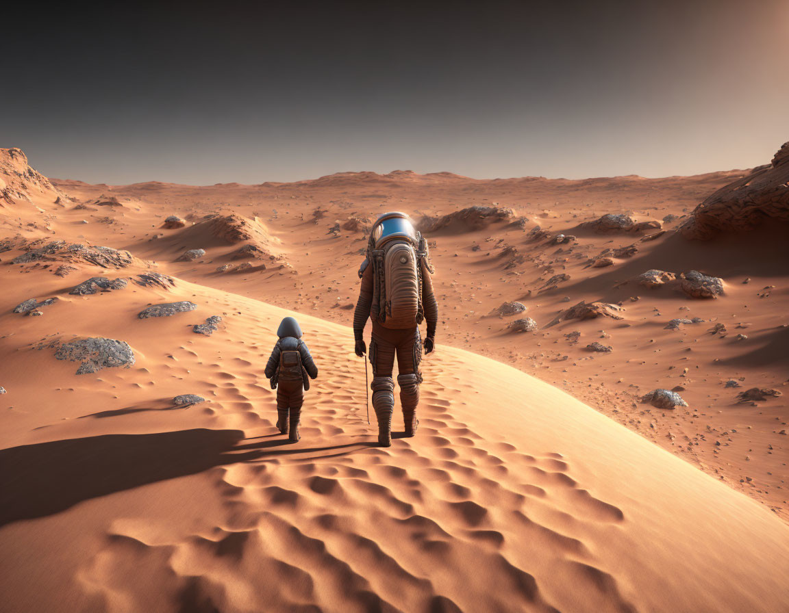 Astronauts walking on Martian desert with rolling dunes and rocky landscape