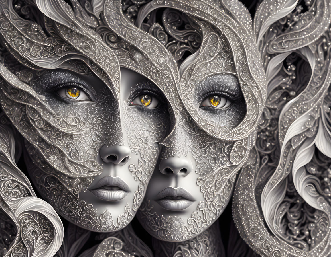 Symmetrical faces with silver filigree patterns and golden eyes