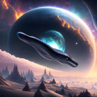 Surreal landscape with towering spires, forests, and giant planet with rings visible in the sky