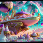 Fantastical floating structures in pink blossom-filled scene