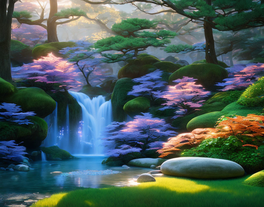 Tranquil waterfall and vibrant forest scenery with mossy rocks