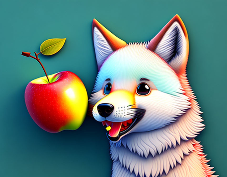 Colorful Cartoon Dog with Apple on Teal Background