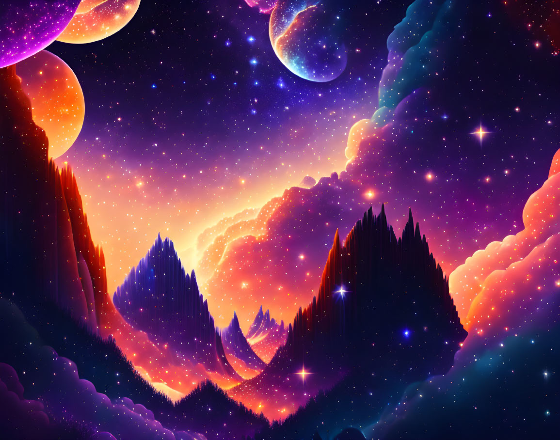 Fantastical cosmic landscape with purple and orange hues