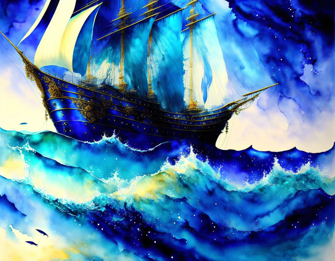 Majestic sailing ship on vibrant, stylized blue waves