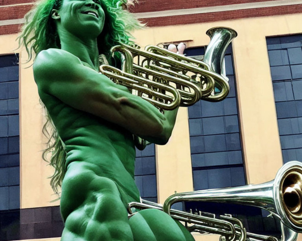 Green body paint person playing brass tuba with wild hair