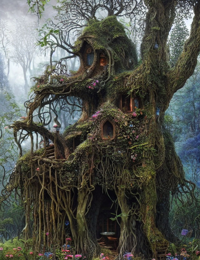 Enchanting treehouse with ivy, flowers, and whimsical windows in misty forest.