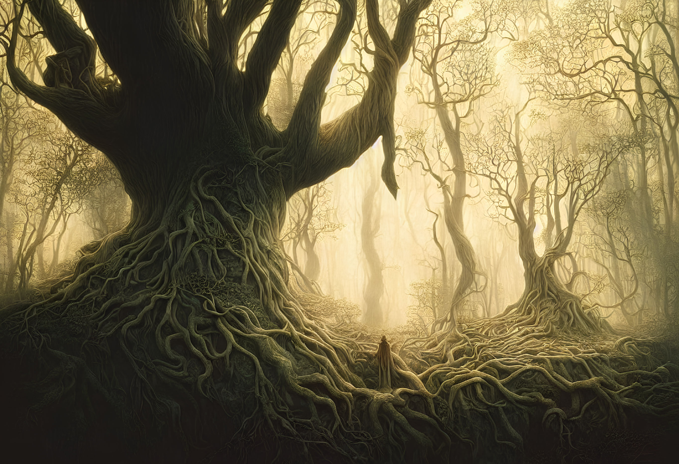 Ethereal forest scene with massive tree and intricate roots in golden light