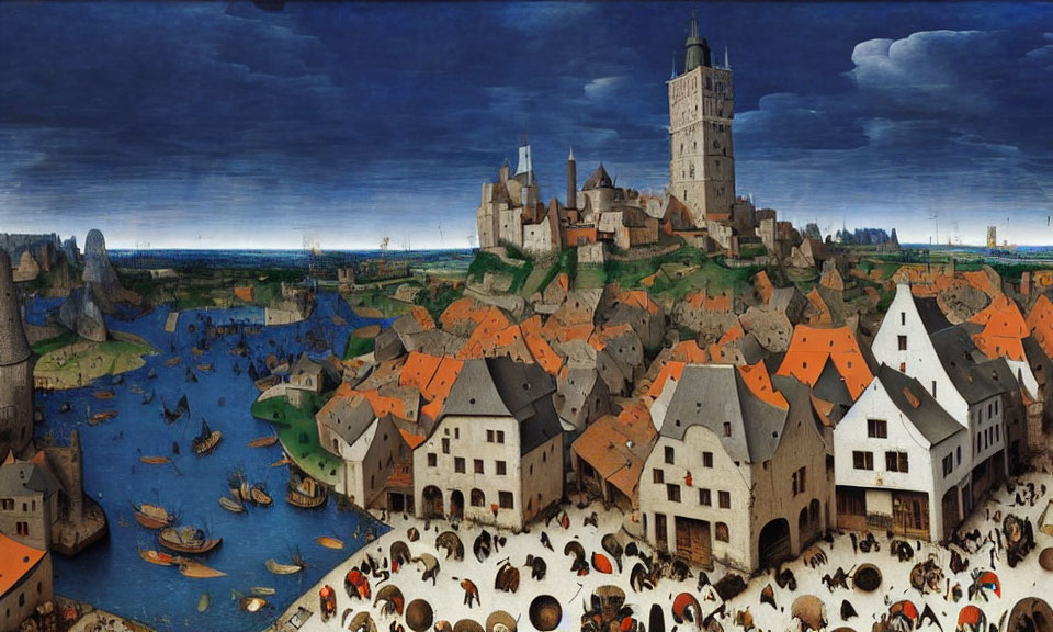 Medieval town with boats, walls, tower, and rock formations