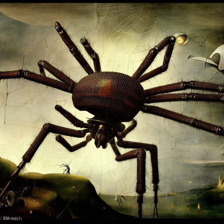 Surrealist painting: Giant spider with textured body and ships in landscape