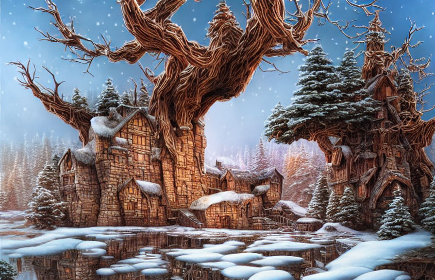 Winter Scene: Houses in Trees, Snowy Landscape