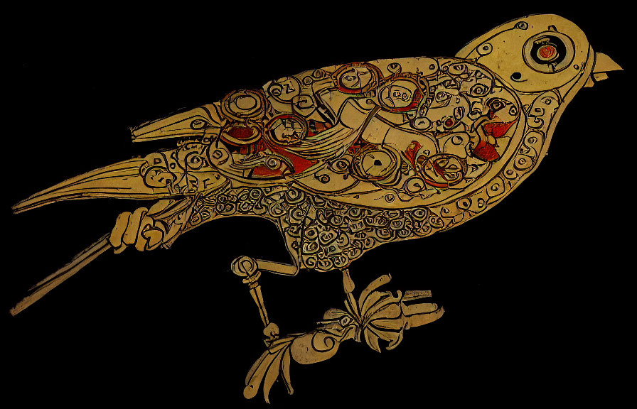 Steampunk-style mechanical bird with gears and cogs on black background