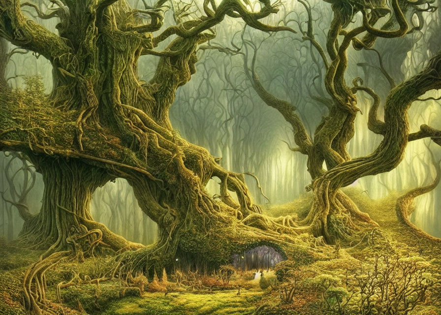 Mysterious Enchanted Forest with Ancient Trees and Cave Entrance