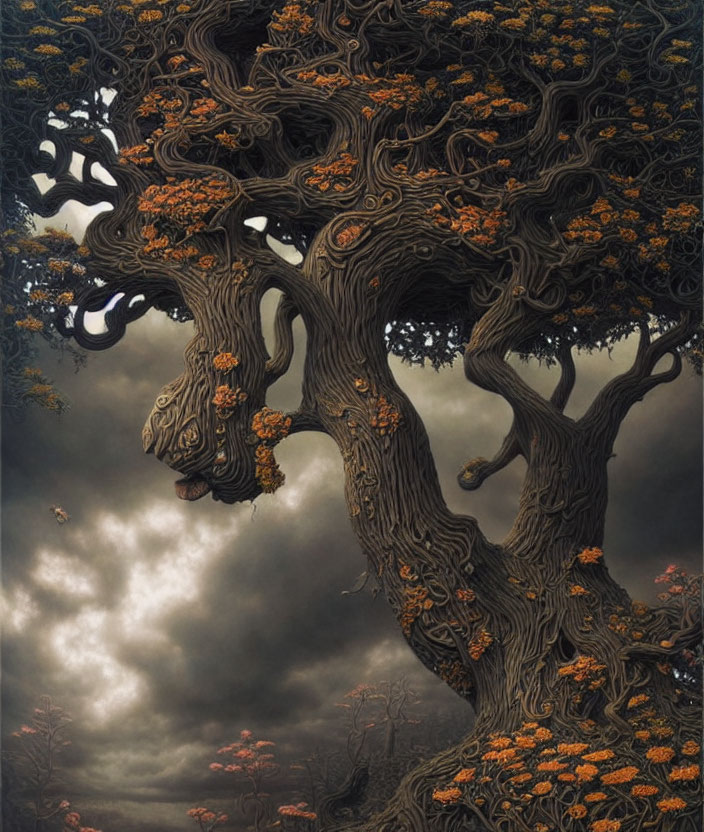 Mystical artwork: Twisted tree with human-like face, orange blossoms, brooding sky