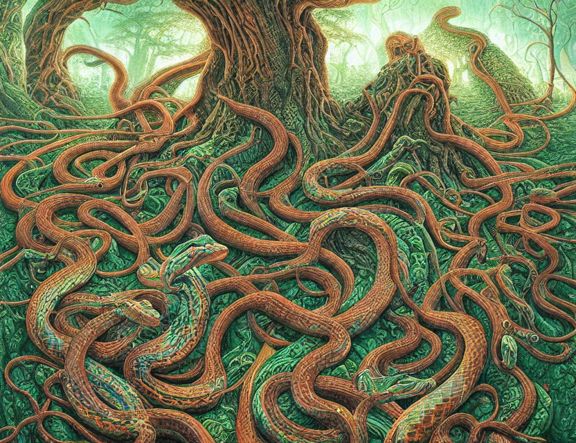 Intricate forest scene with intertwining snakes and tree roots