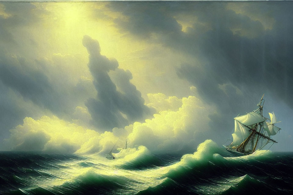 Sailing ships in choppy seas under dramatic sky with sun rays