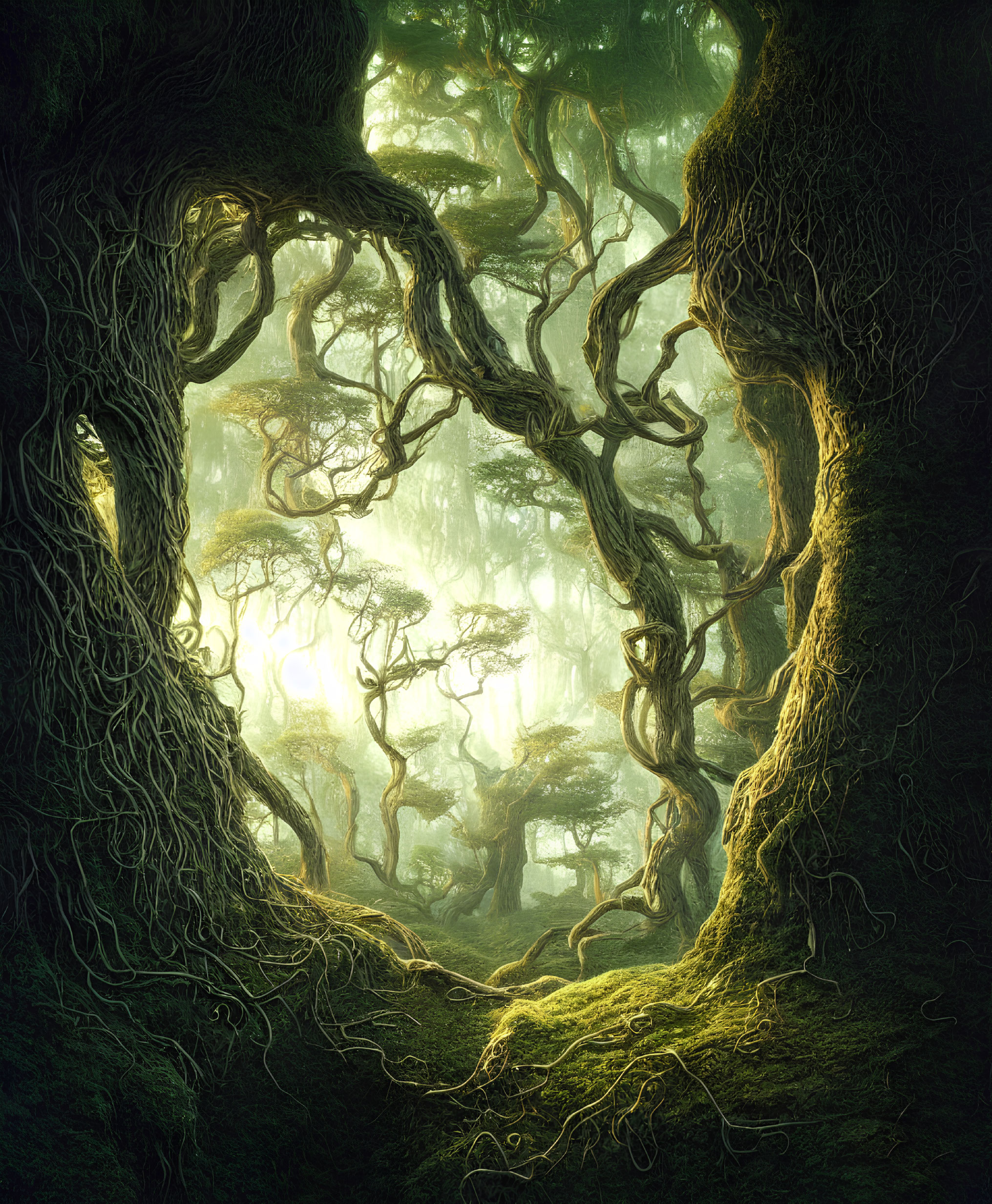 Mystical forest scene with twisted trees and warm light