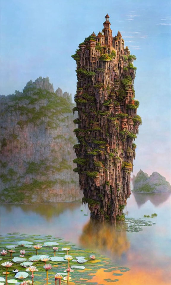 Rock formation with trees and buildings by tranquil lake at dawn or dusk