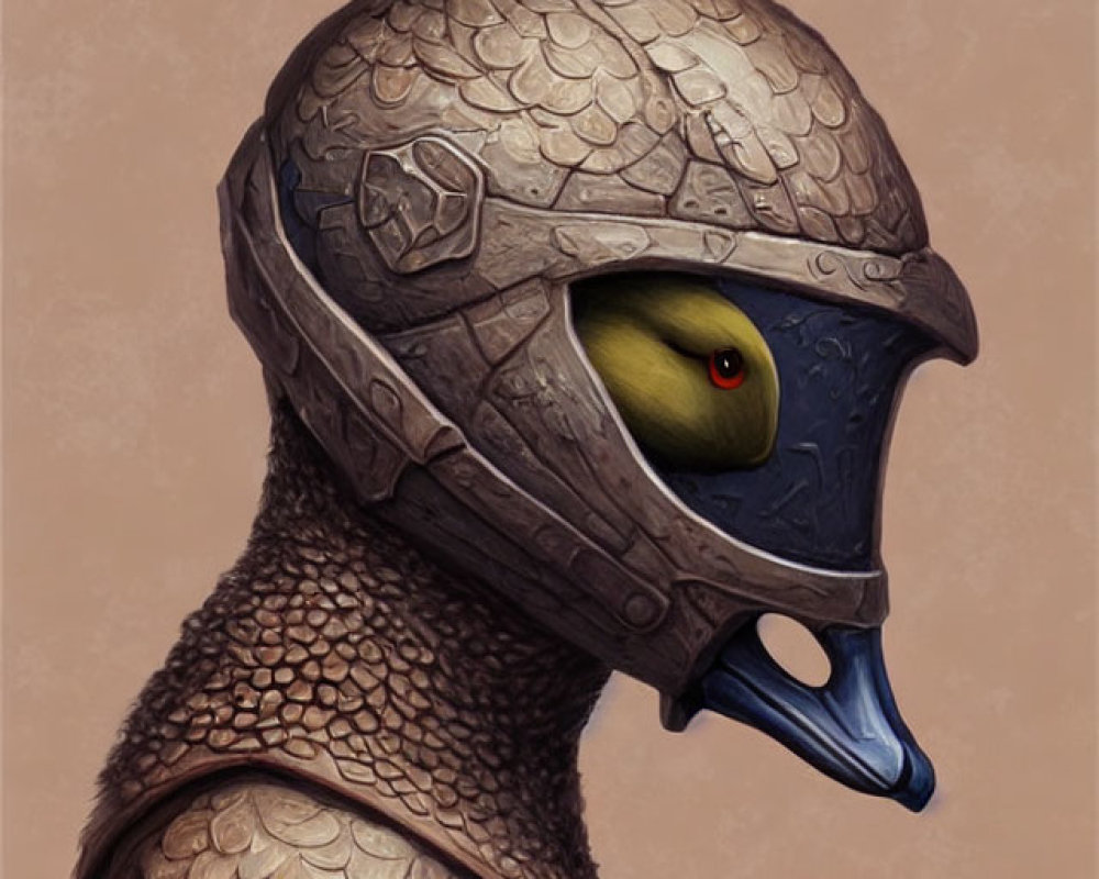 Colorful bird in detailed medieval helmet with one eye visible