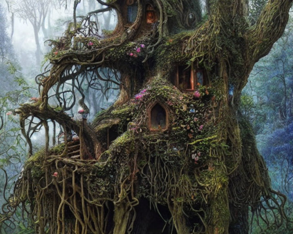 Enchanting treehouse with ivy, flowers, and whimsical windows in misty forest.