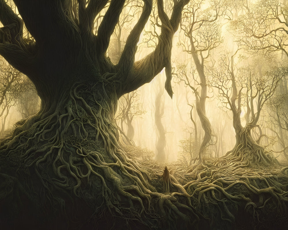 Ethereal forest scene with massive tree and intricate roots in golden light