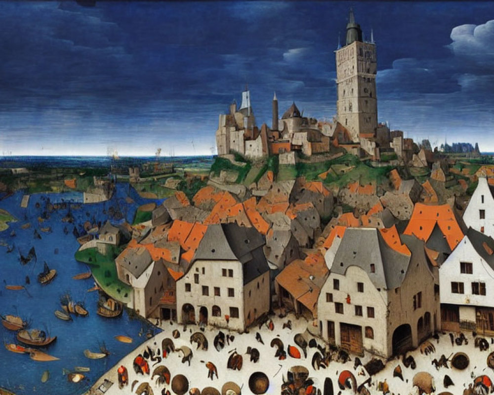 Medieval town with boats, walls, tower, and rock formations