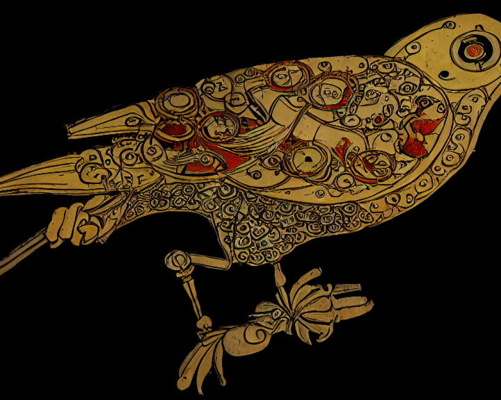 Steampunk-style mechanical bird with gears and cogs on black background