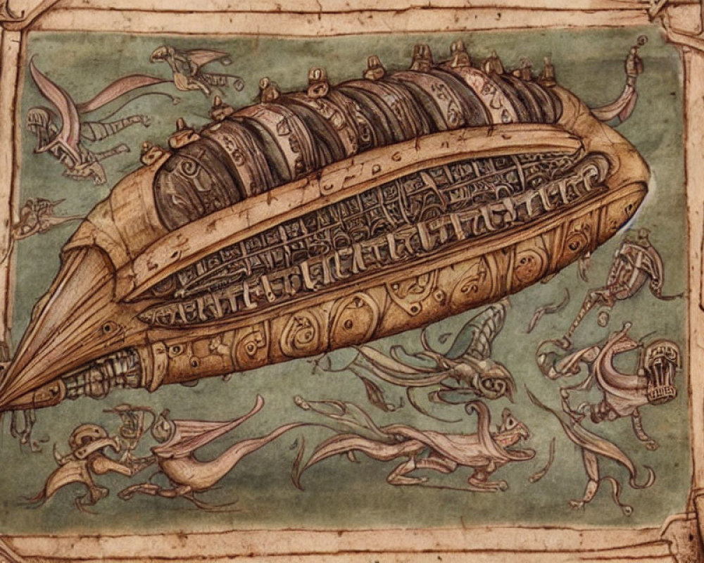 Illustrated medieval manuscript: Fantastical ship & sea creatures in ancient ocean